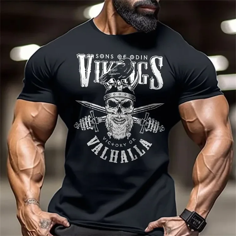 Traceeye Men's T-Shirt Gym Training Sportswear Skull Weapon Print Retro Oversized T-Shirt Casual Streetwear Tops Round Neck Pullover Tees