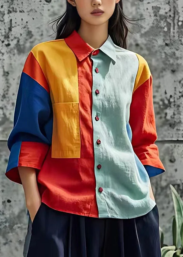 Fashion Colorblock Peter Pan Collar Button Shirts Fall(Ships in 20 Days)