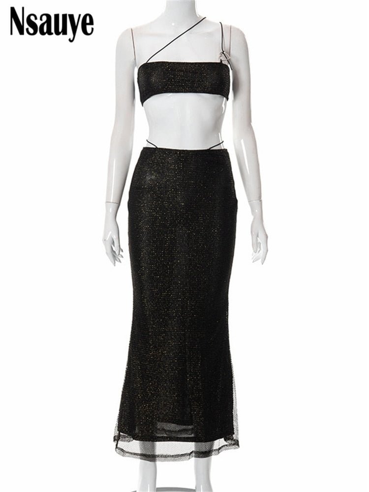 Nsauye 2022 Summer Y2K Women Clothing Mesh Dress Set Sexy Party Crop Tops And High Waist Long Skirt Two Piece Set Beach Outfits