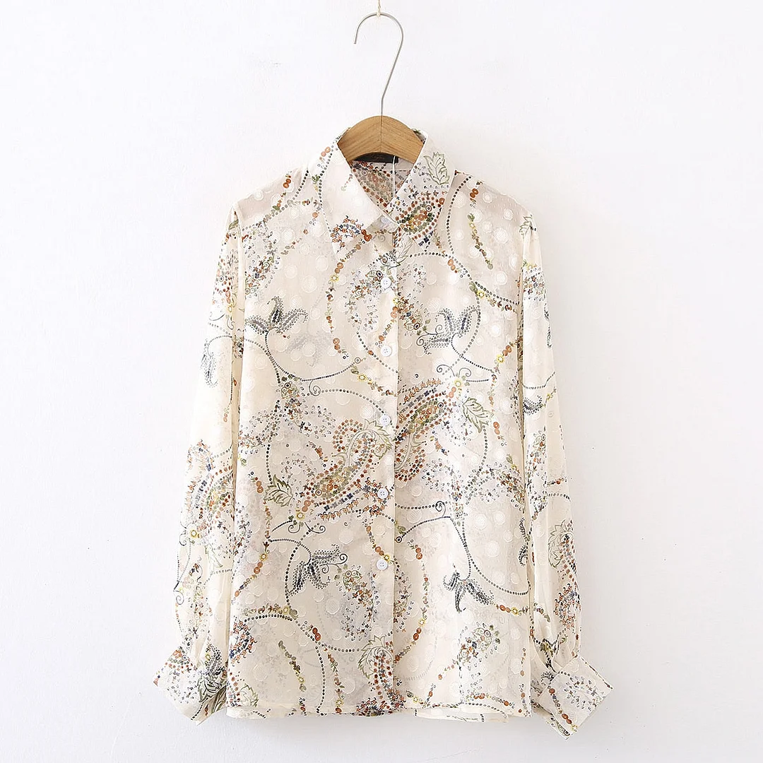 Summer New Arrival Women Floral Embroidery Lantern Sleeve Chiffon Blouse Button Up Transparent Shirt Casual Sunscreen Tops T1581