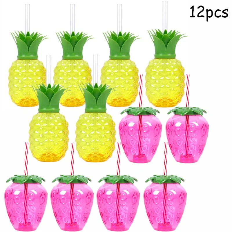 Cifeeo  6/12Pcs Fruits Shape Plastic Water Cups Drinking Cup Pineapple Strawberry Style Straw Cup Summer Beach Pool Birthday Party Decor