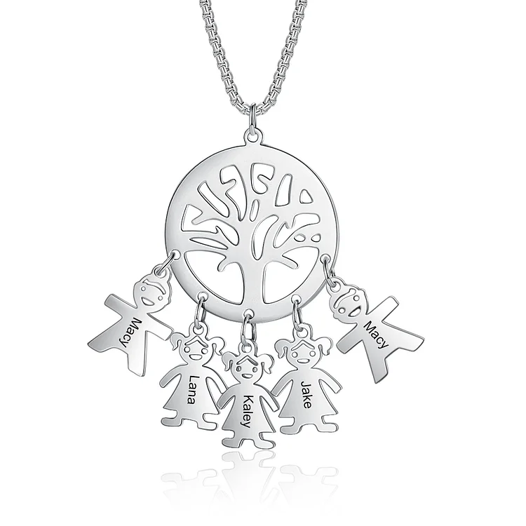 Tree of Life Necklace with 5 Kid Charms Engraved Names Mother Necklace