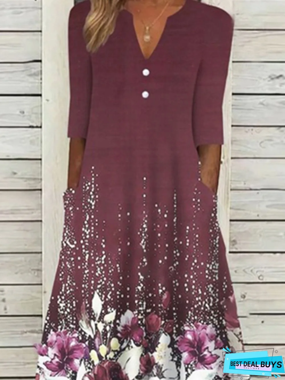 Casual Floral V Neck Pockets Three Quarter A-line Dress