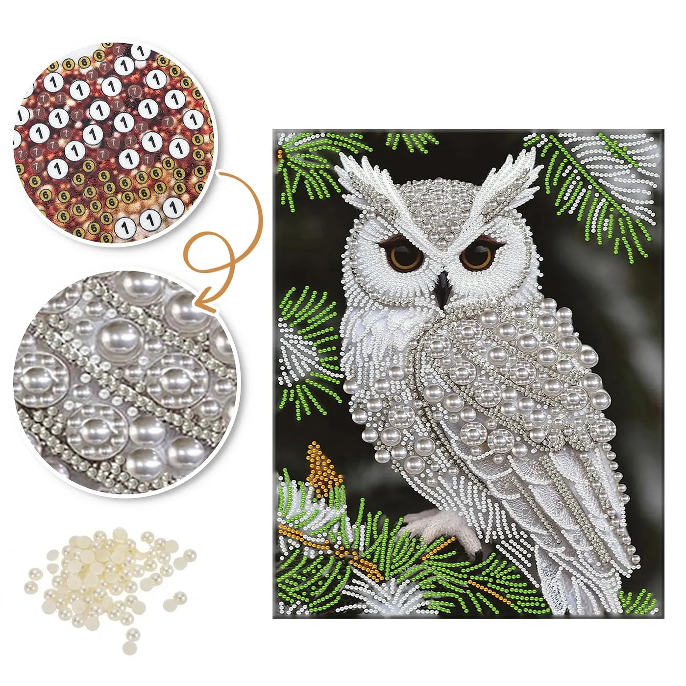 White Owl Pine Branch - Pearls Painting