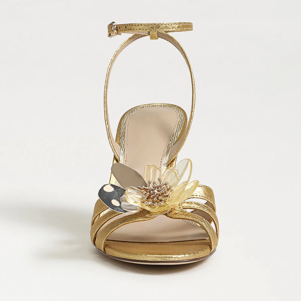 Gold Round Toe Flared Heel Floral Women's Sandals with Ankle Strap