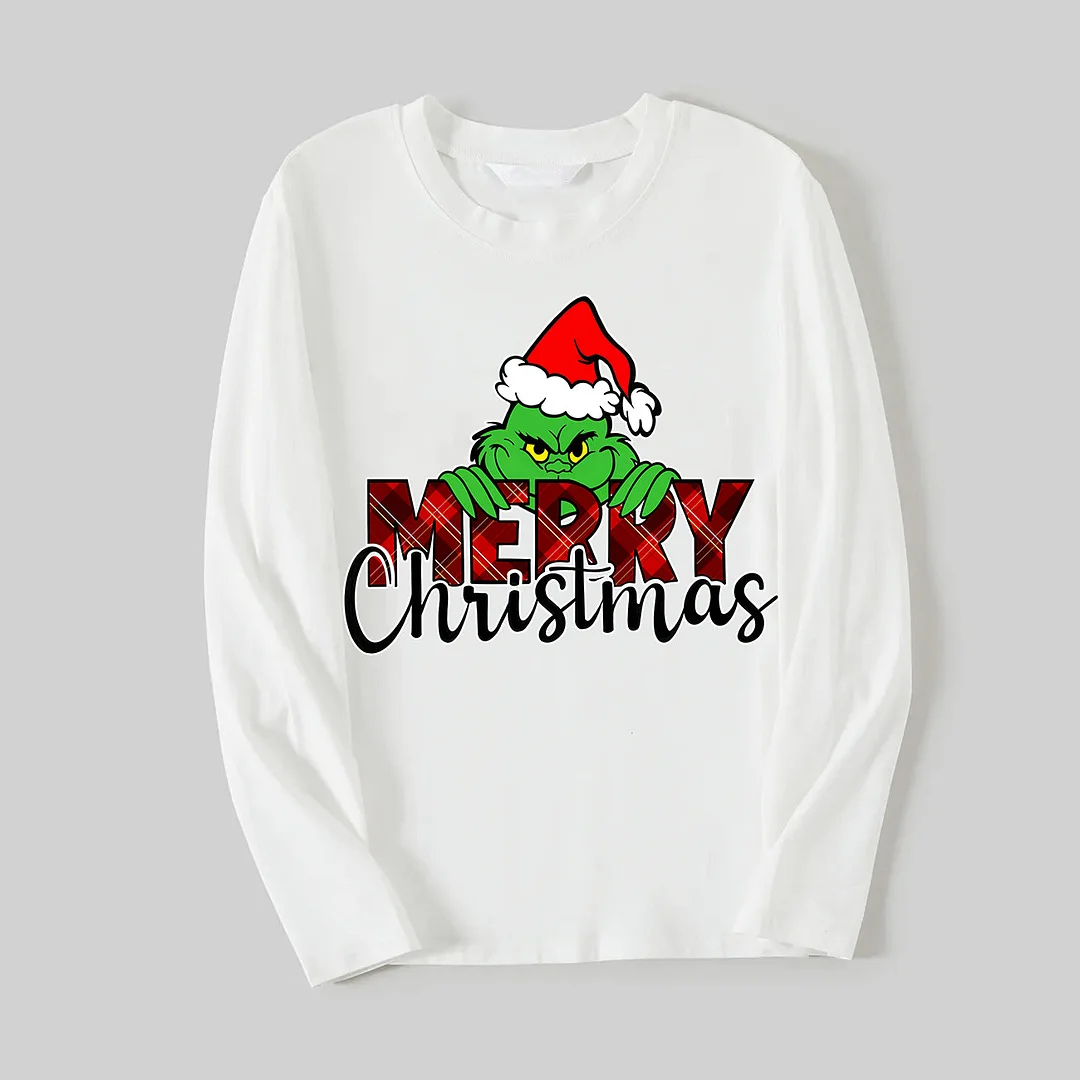 "Merry Christmas" Letter Print 2024 Green Elf Cartoon Pattern Contrast White Long Sleeve with Classic Red and Green Plaid Pants Family Matching Pajamas