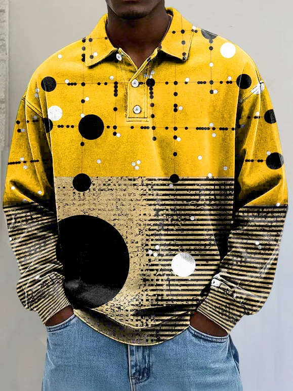 Men's Retro Abstract Geometric Art Print Lapel Long Sleeve Polo Shirt