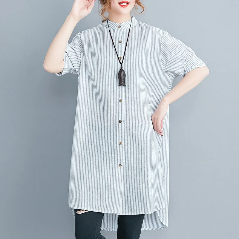 Uveng Uveng Summer New Cotton Lint Style Loose Large-Size Striped Shirt Women Long-Term Collar Shirt