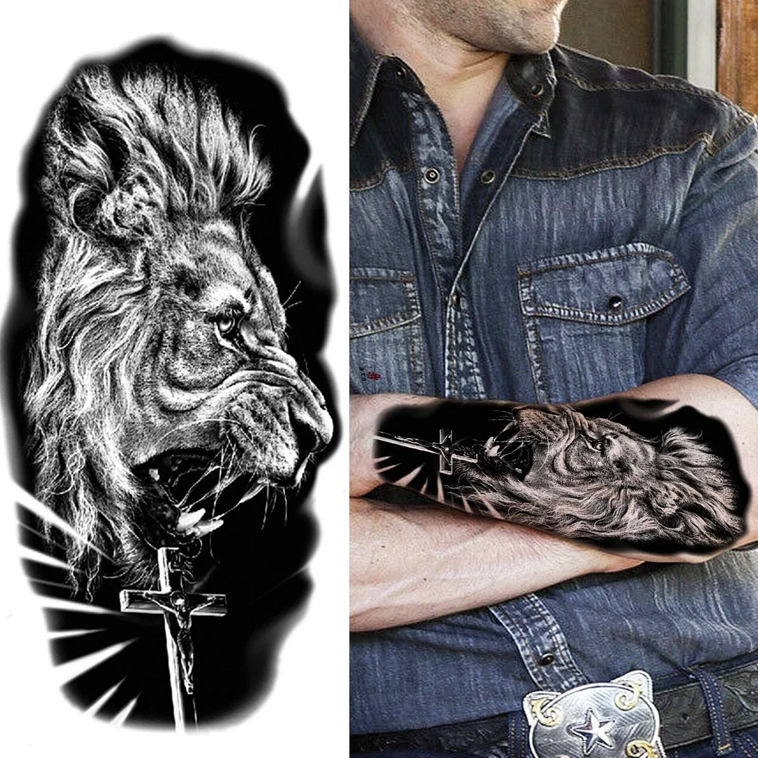 Forest Tiger Temporary Tattoos For Men Women Kids Lion Skull Cross Tattoo Sticker Black Compass Skeleton Tatoos Leg Thigh 1103-1