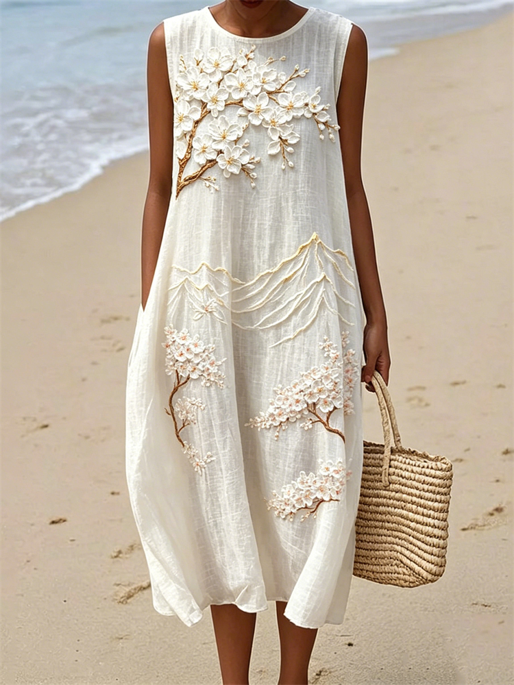 Classy Almond Blossom Mountains Landscape Linen Tank Dress wearshes