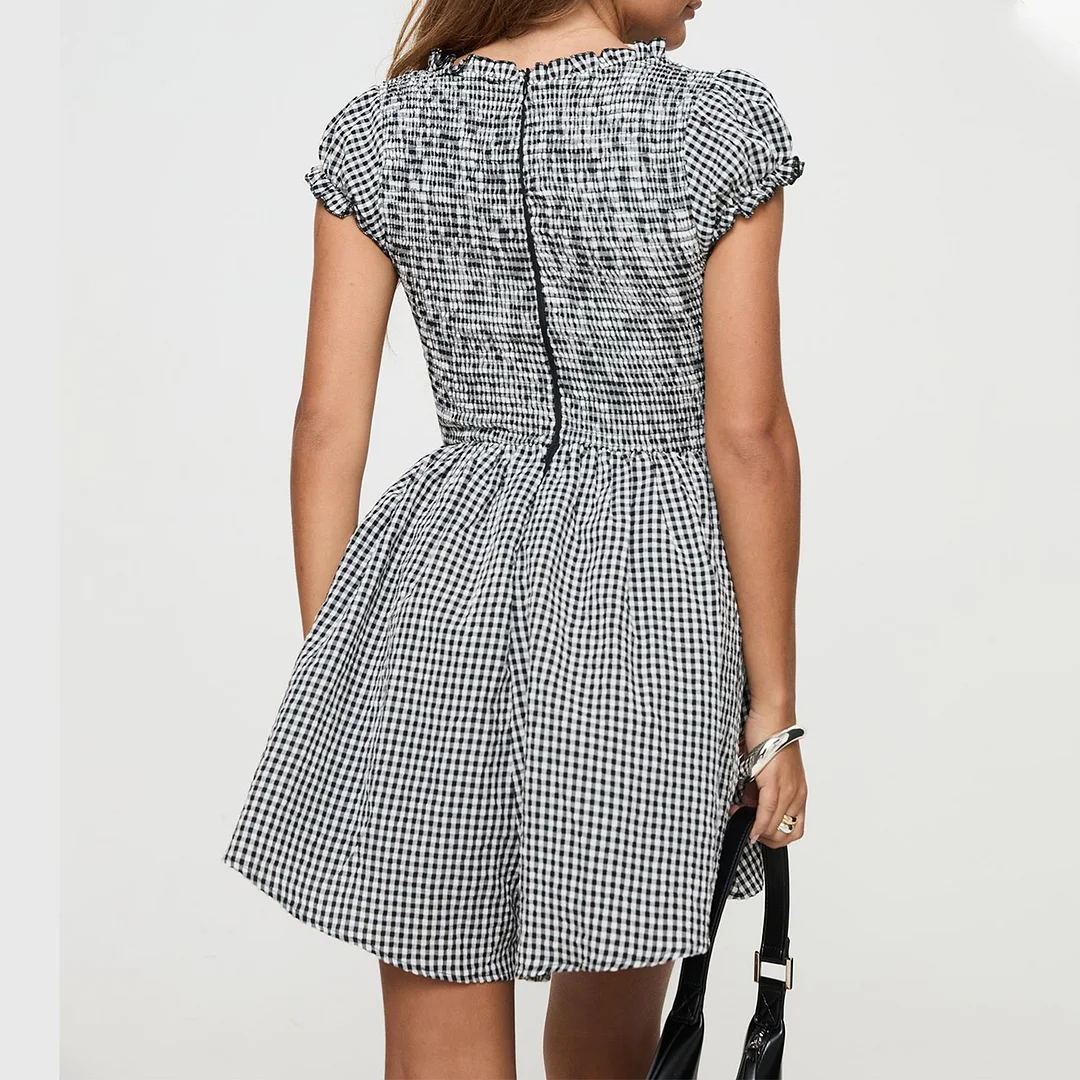 Women Retro Streetwear Short Sleeve Smocked Bodysuit A-Line Club Mini Dress