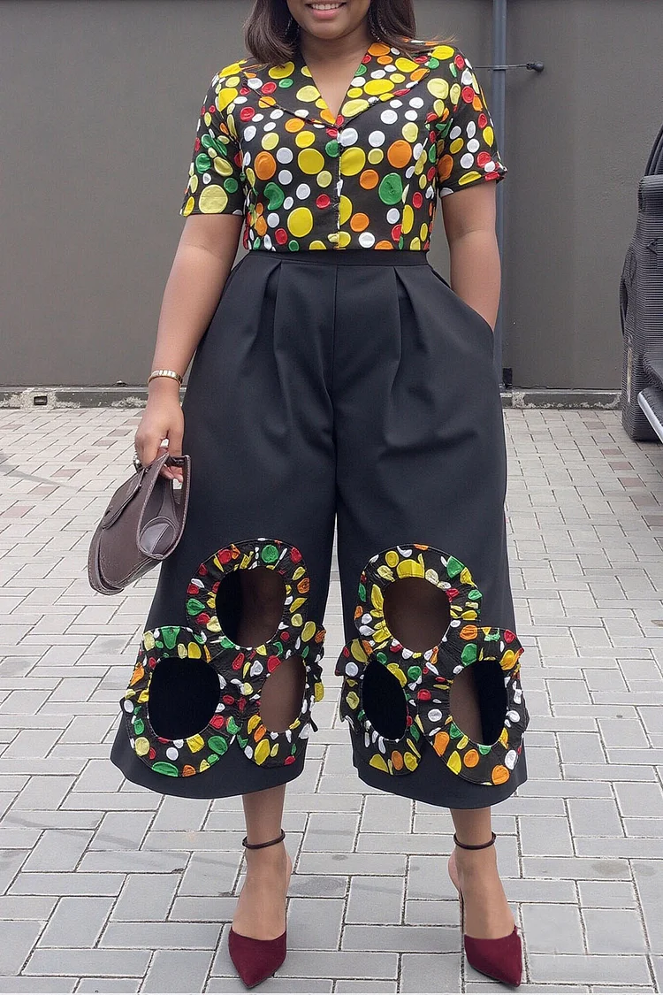 Plus Size Business Casual Black Polka Dot Turndown Collar Short Sleeve Cut Out Elegant Pocket Two Piece Pant Sets [Pre-Order] 2024 - Xpluswear