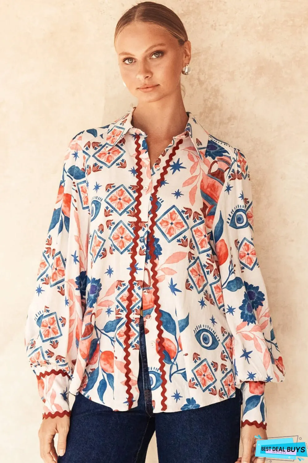Multicolour Western Printed Ric Rac Bishop Sleeve Button Up Shirt