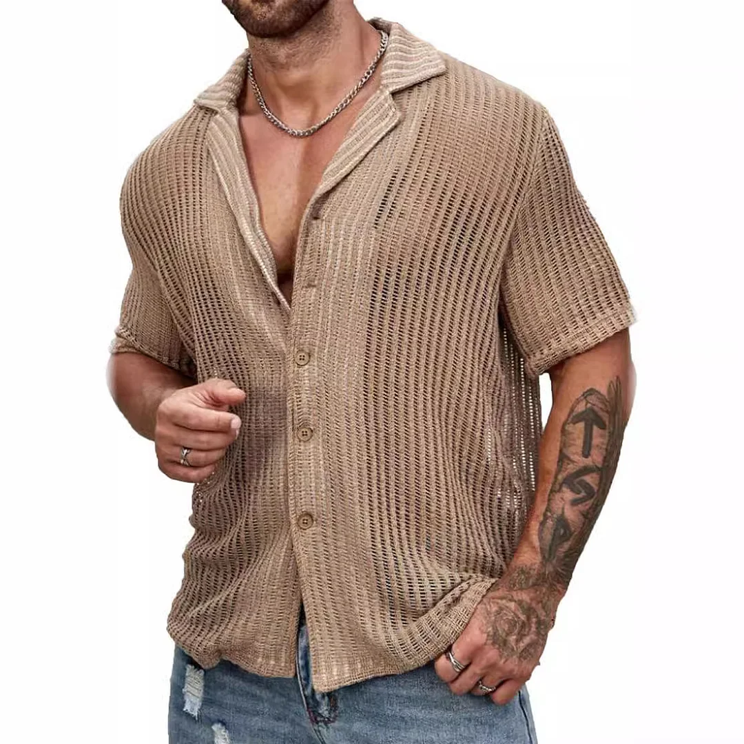 Wongn Wongn Men's Summer Cool Shirt Men's Casual Knit Hollow Out Breathable Short Sleeved Lapel Fashion Men's Wear
