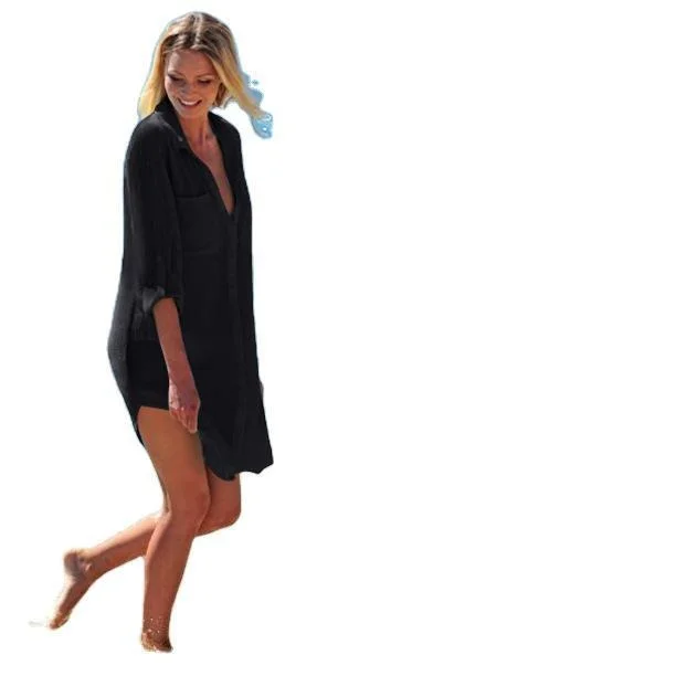 Brownm Brownm Wrinkle Cloth Two Pockets Dark Buckle Beach Blouse Bikini Coat Shirt Swimsuit Cardigan Woman