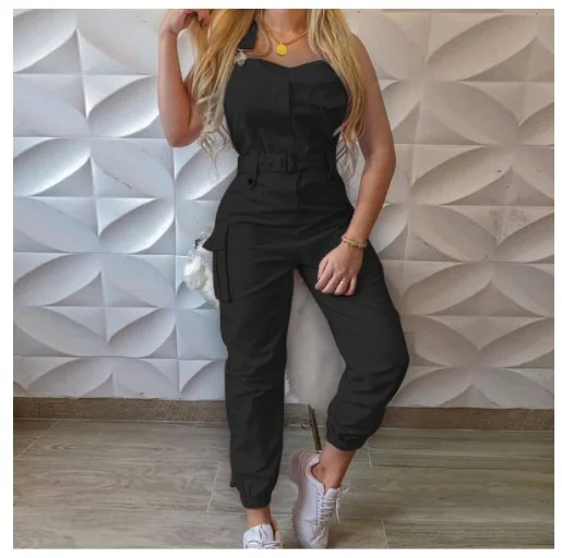 Uveng Uveng Women's Work-Packed Pocket Design Jumpsuit Sleeveless Backs And Trousers Simple Restraints Trousers + Belts