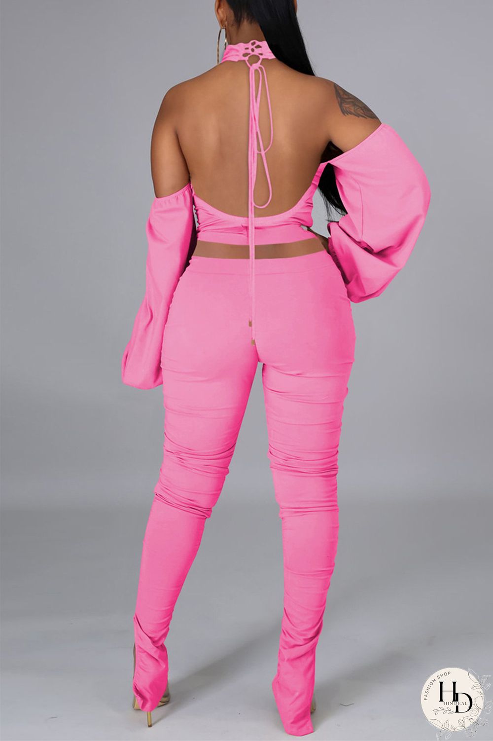 Pink Sexy Solid Bandage Backless Fold Turtleneck Long Sleeve Two Pieces