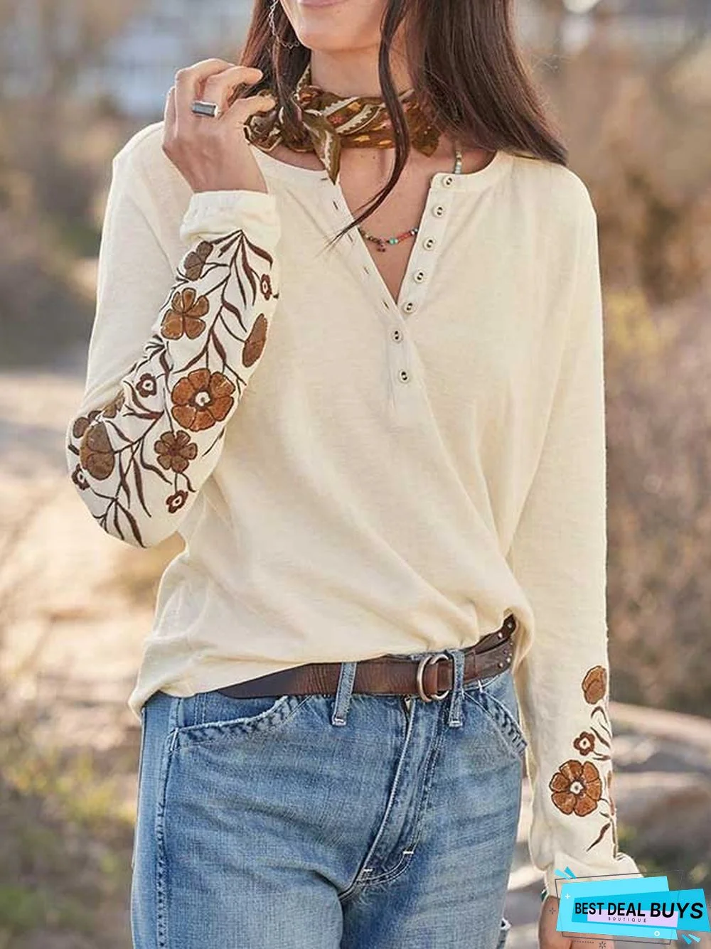Cotton-Blend Casual Embroidery Floral T-Shirt