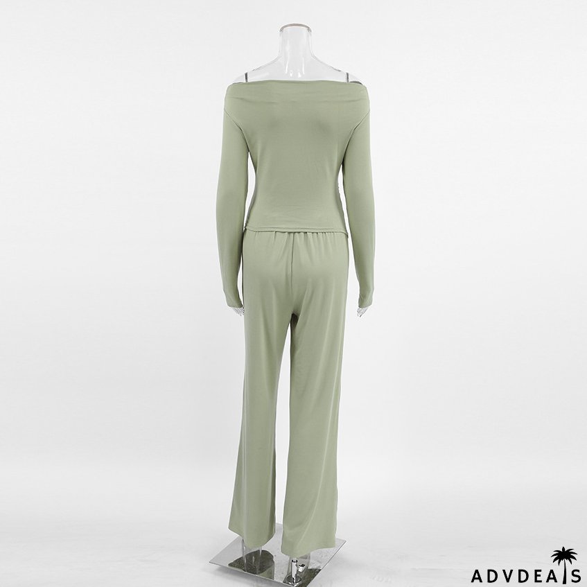 Autumn And Winter Grey Knitting Fashion Off Shoulder Long Sleeve Top High Waist Wide Leg Pants Casual Two Piece Set