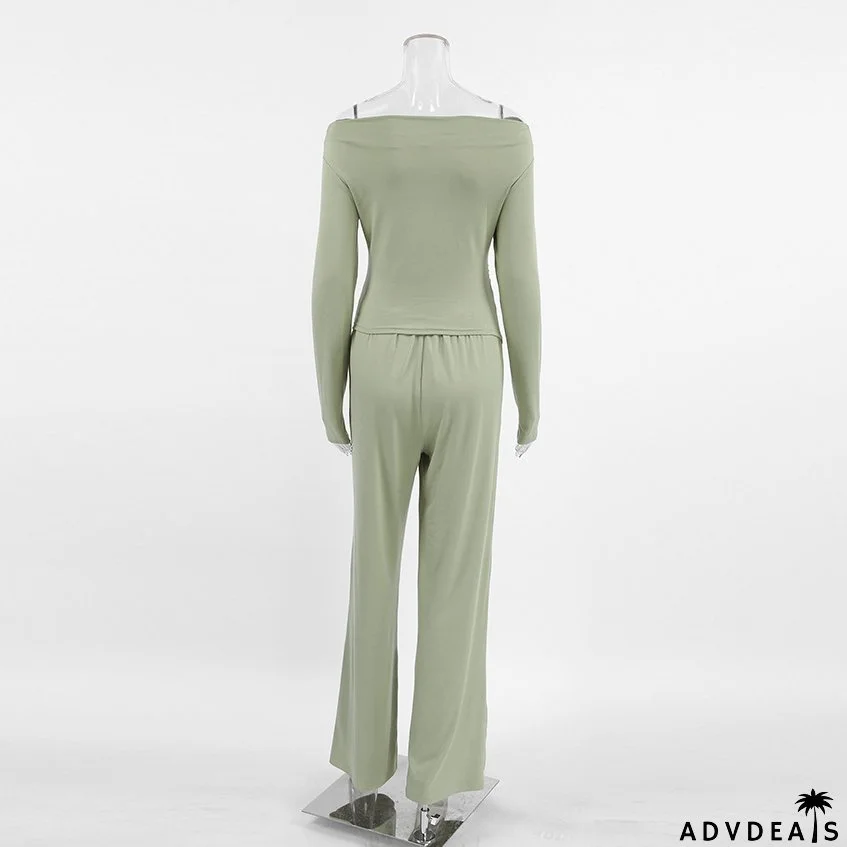Autumn And Winter Grey Knitting Fashion Off Shoulder Long Sleeve Top High Waist Wide Leg Pants Casual Two Piece Set