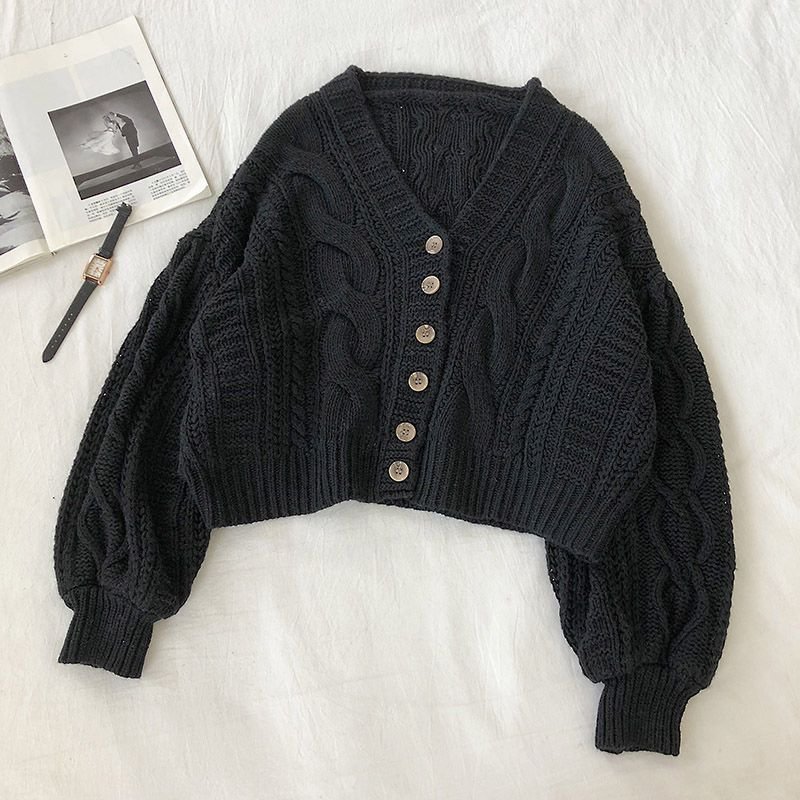 Autumn Winter Women's Cardigan Korean Style The Retro Solid Color V-neck Knitted Cardigan Loose Short Twist Sweater Coats LL503