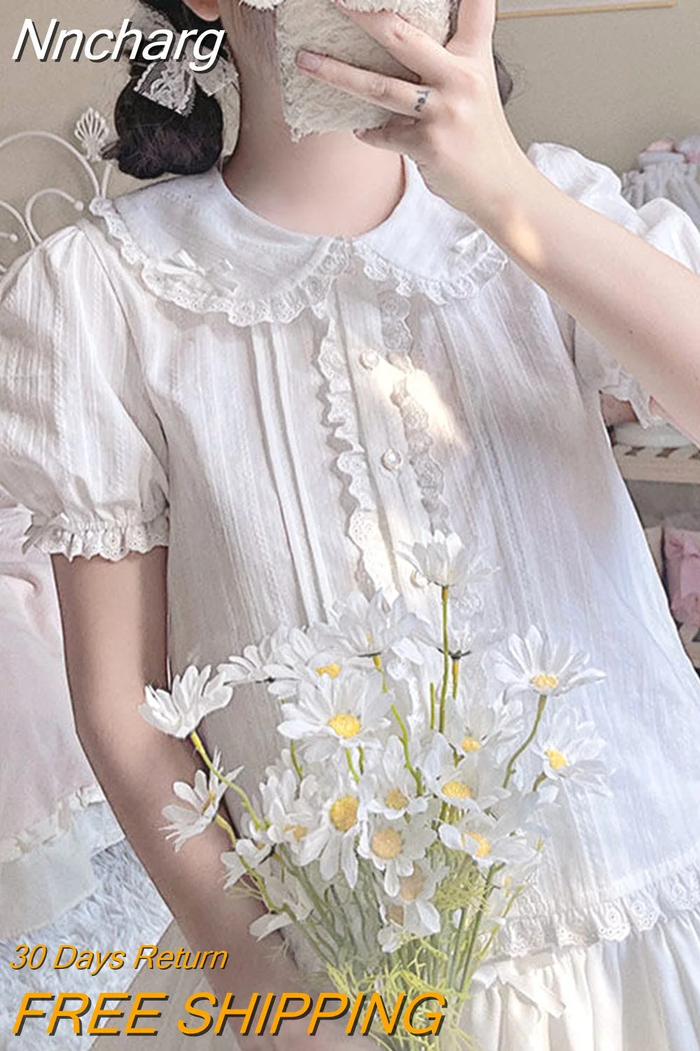 Nncharge White Lolita Style Japanese Sweet Chemises Femme Peter Pan Collar Short Sleeve Ruffles Camisa Women Y2k Loose Shirt