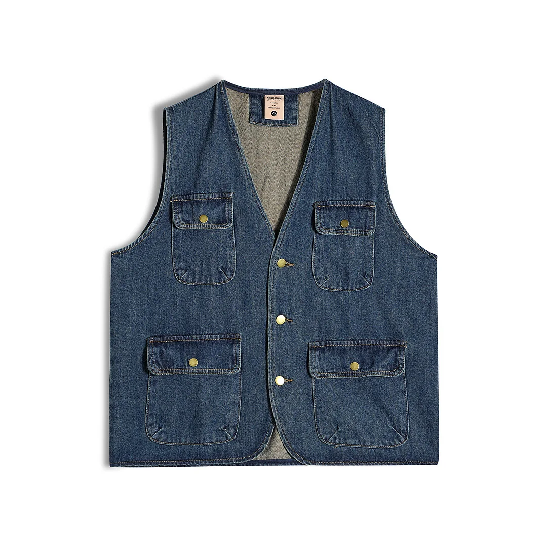Men's Vintage Amikaji Multi-pocket Denim Vest Jacket Casual Sleeveless Button Vest