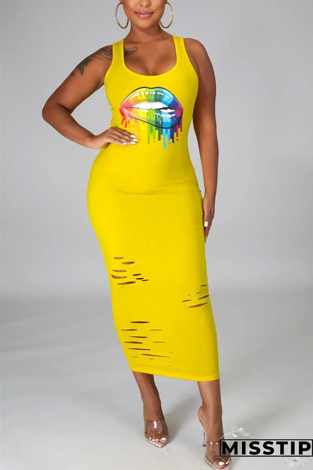 Yellow Fashion Sexy Tank Sleeveless Square Collar Vest Dress Mid Calf Lips Printed Dresses