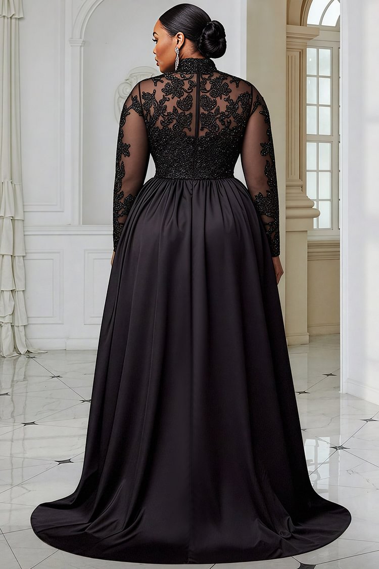 Xpluswear Design Plus Size Formal Black Mock Neck Long Sleeve Split Elegant Sequin Satin Maxi Dresses [Pre-Order]