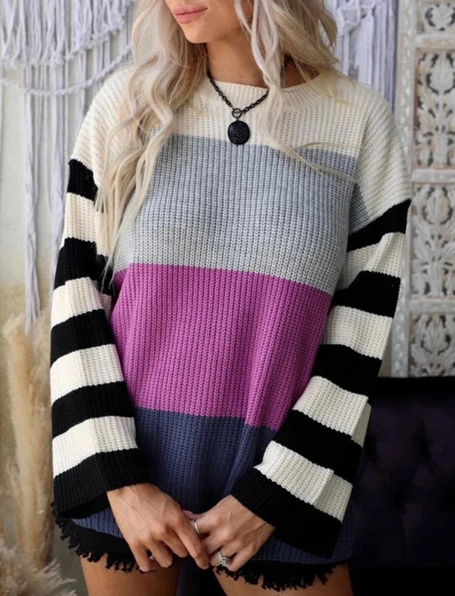 Women Striped Round Neck Long Sleeve Hit Color Casual Loose Sweater