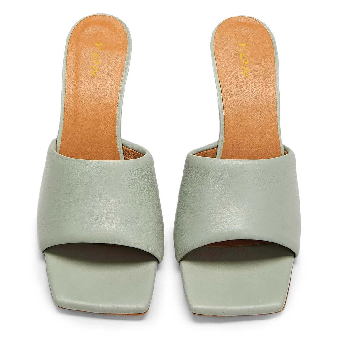 Gray Vegan Leather Wide Band Square Toe Flared Heel Enchanting Mules