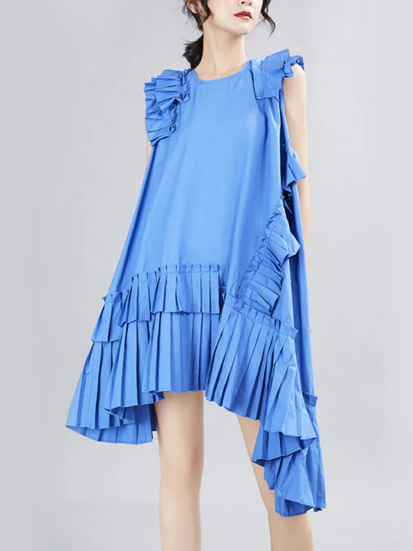 Asymmetric Pleated Pure Color Split-Joint Flying Sleeves Roomy Round-Neck Midi Dresses