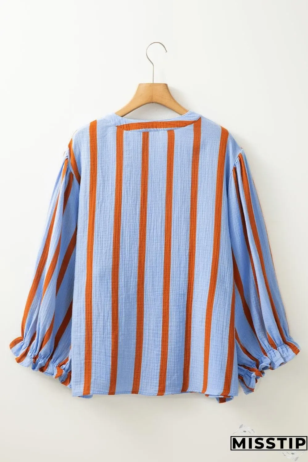 Sky Blue Stripe Crinckled Ruffled Sleeve Button up Loose Shirt