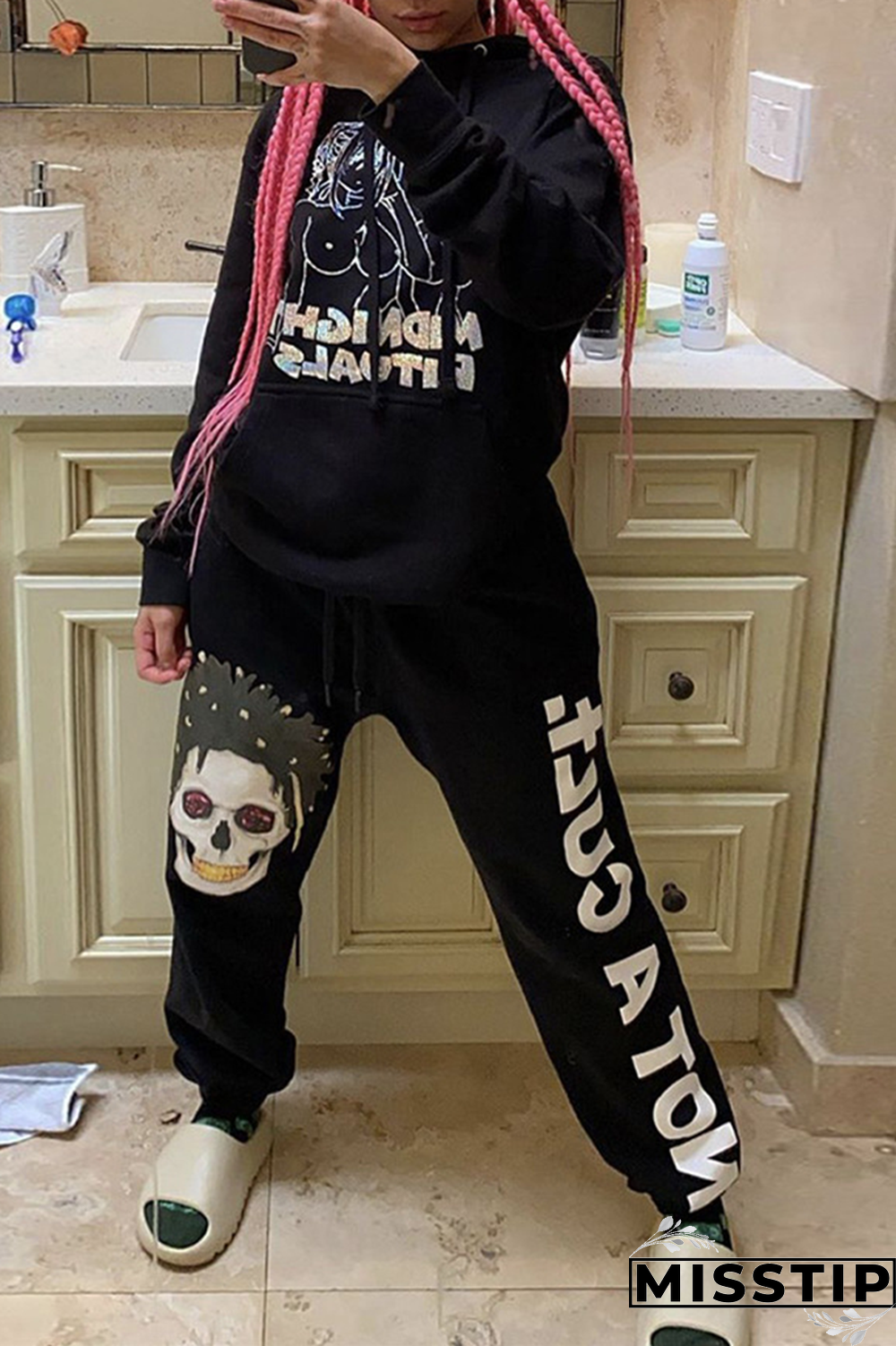 Black Casual Print Patchwork O Neck Long Sleeve Two Pieces