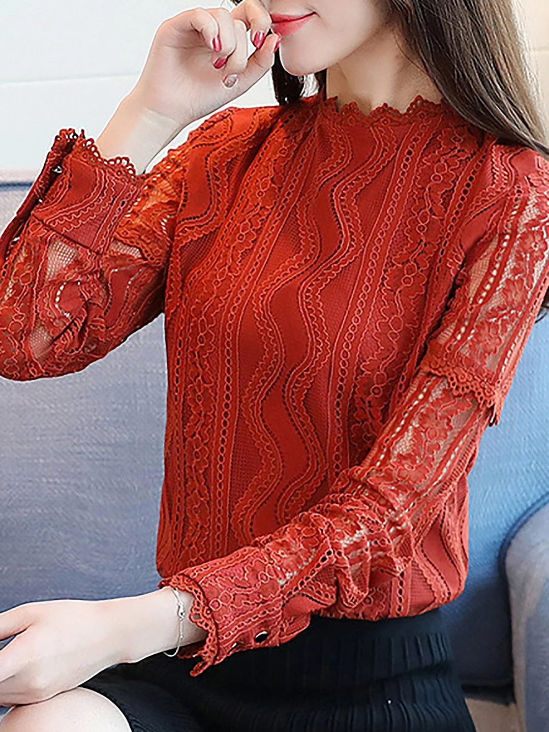 Casual Lace Paneled Long Sleeve Shirts & Tops