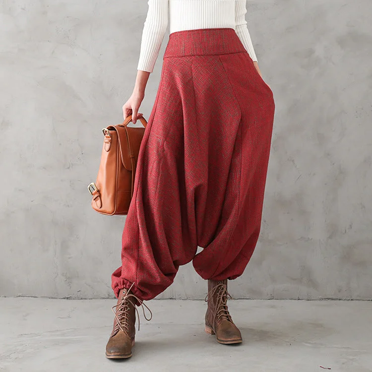 Women Autumn Winter Loose Wide-Leg Cotton Linen Pants