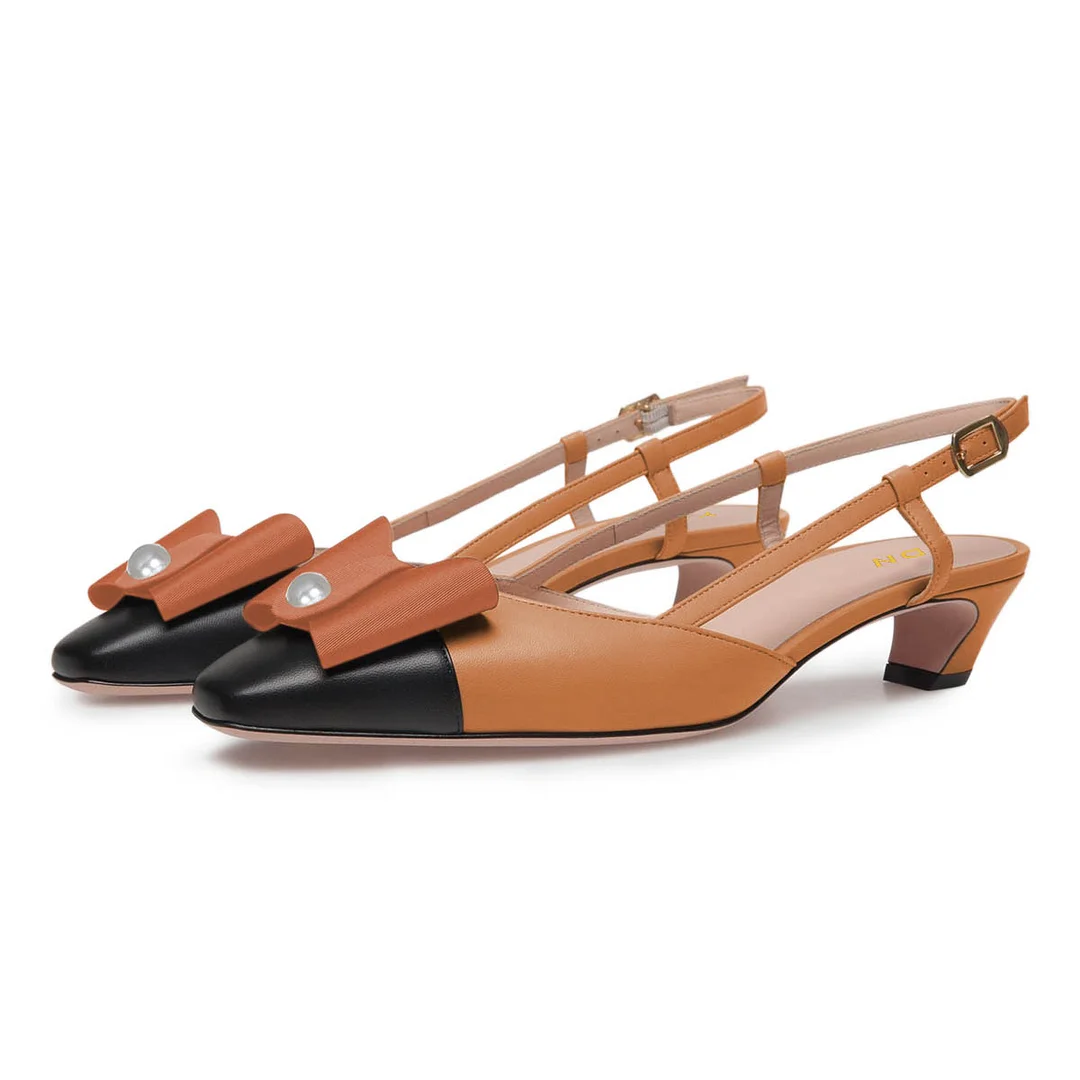 Tan Square Cap Toe Chunky Heel Slingback Pumps with Bow and Pearl