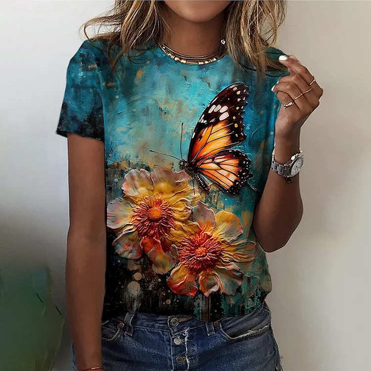 Floral Print Round Neck Short Sleeve T-Shirt