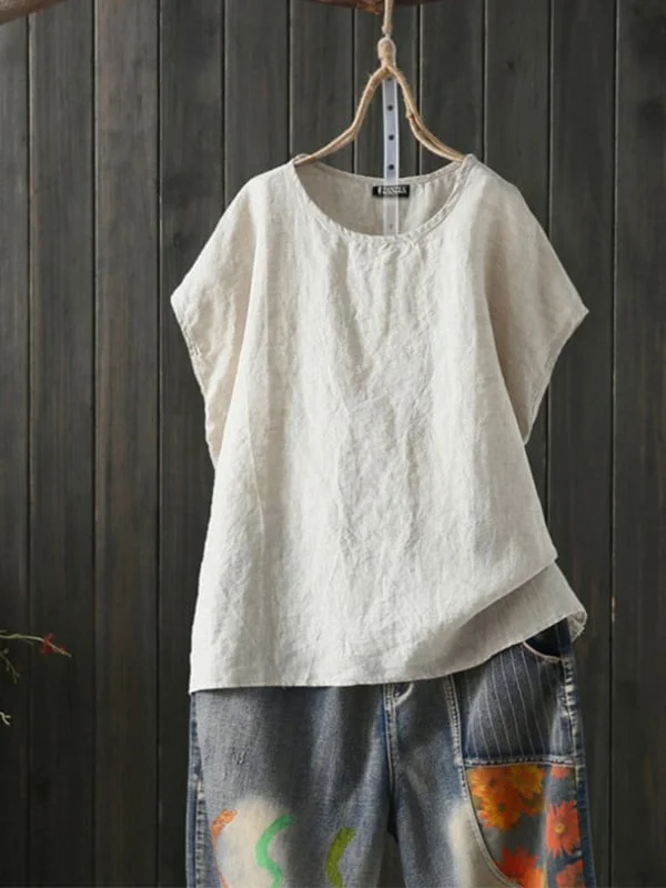 Women's Solid Round Neck Loose Cotton Linen T-shirt