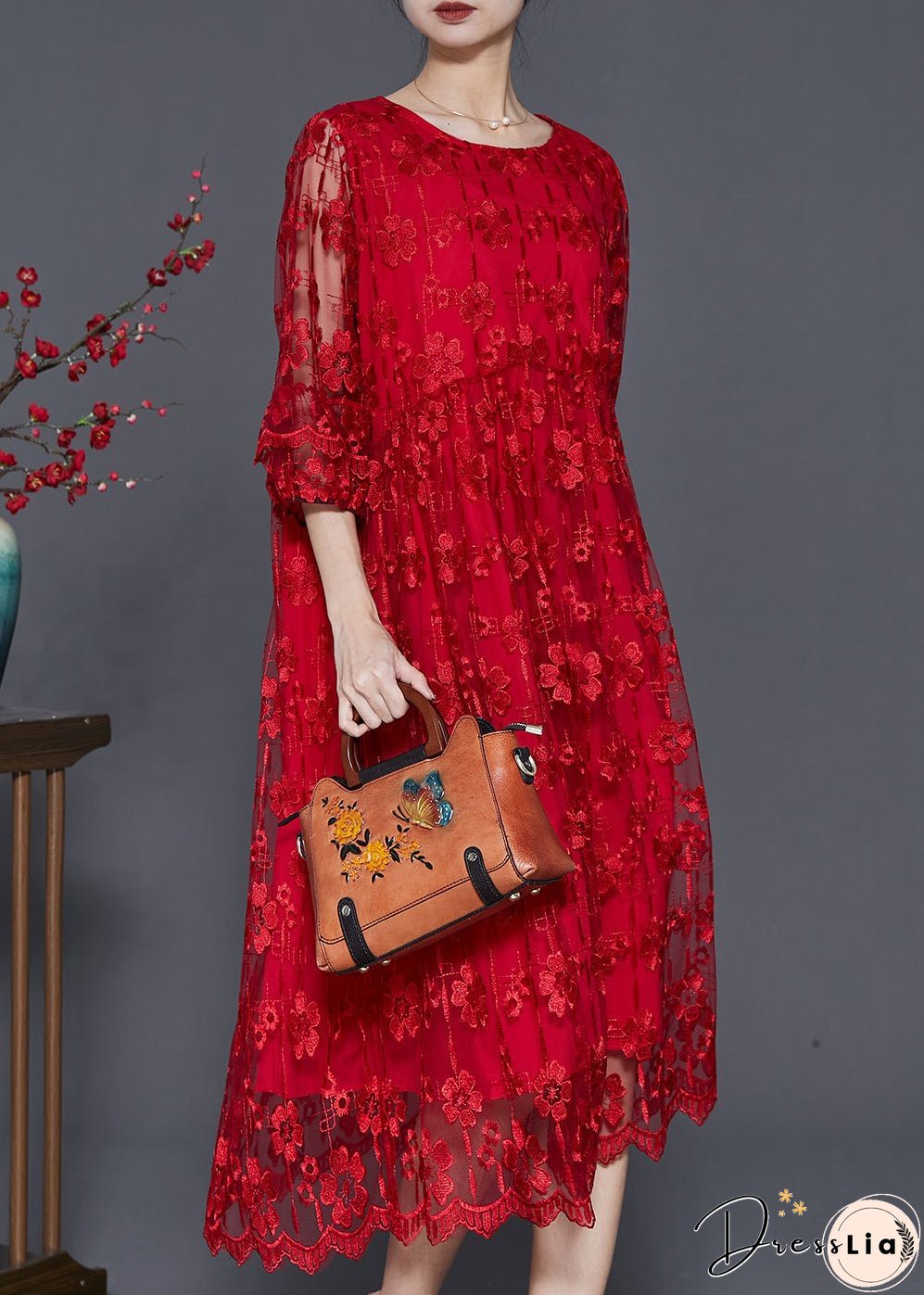Red Hollow Out Tulle Holiday Dresses Embroidered Bracelet Sleeve