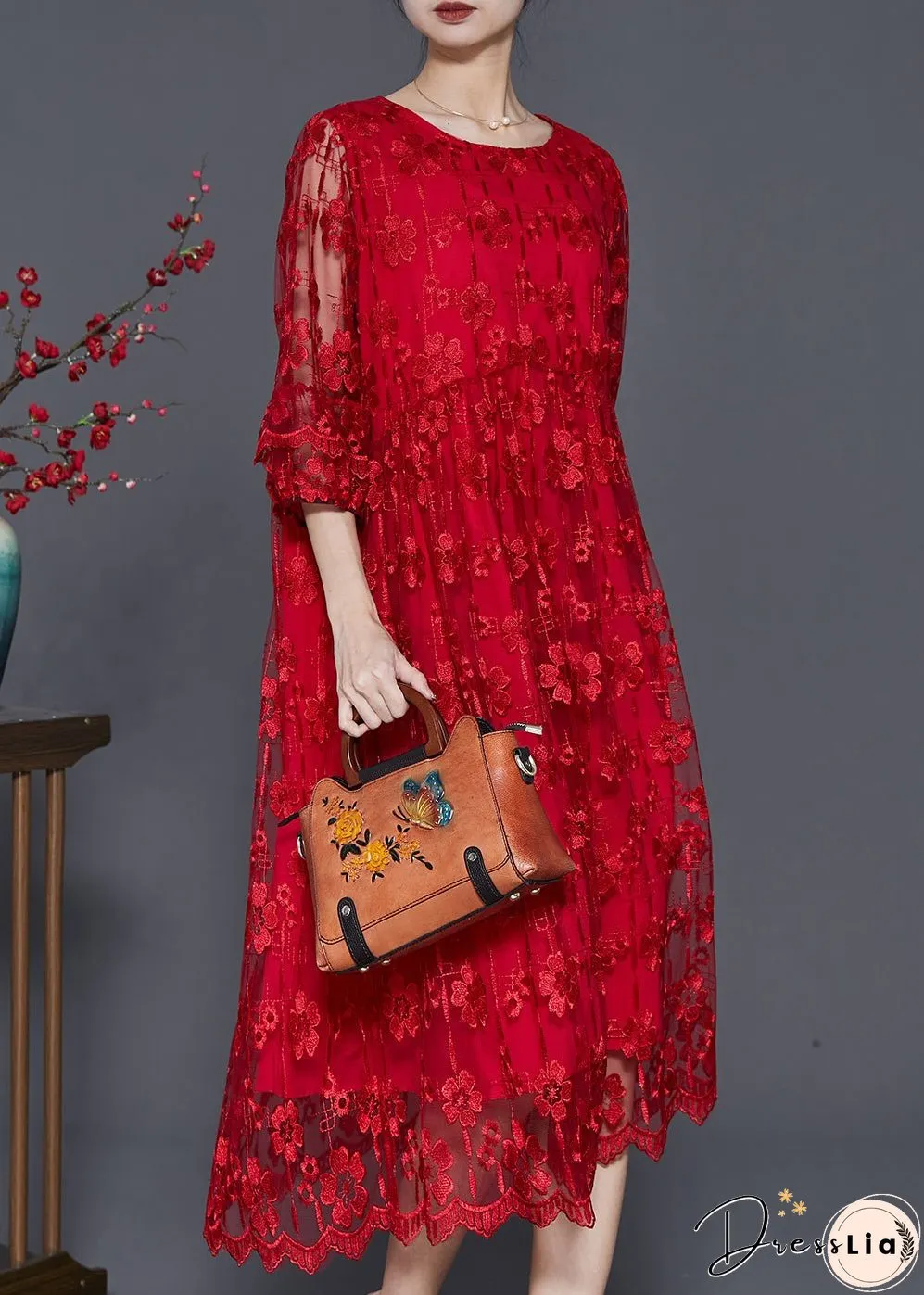 Red Hollow Out Tulle Holiday Dresses Embroidered Bracelet Sleeve