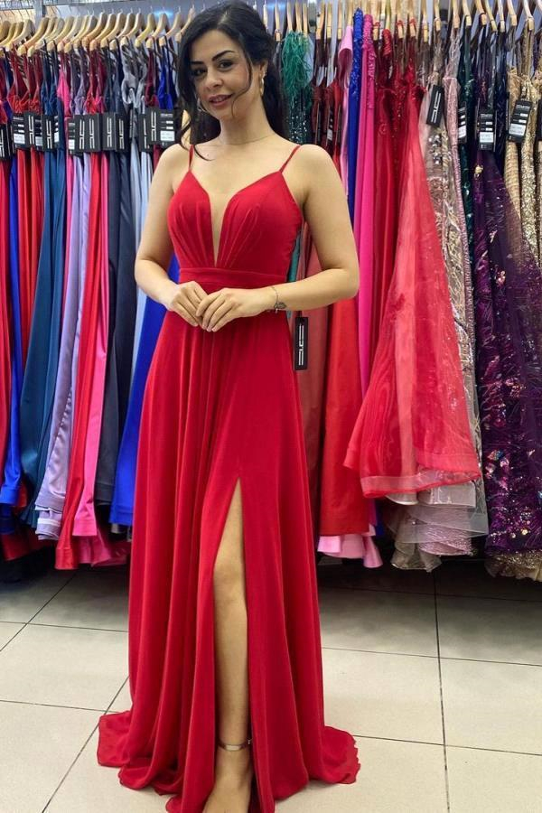 Bellasprom Red Prom Dress Long With Slit Spaghetti-Straps Bellasprom