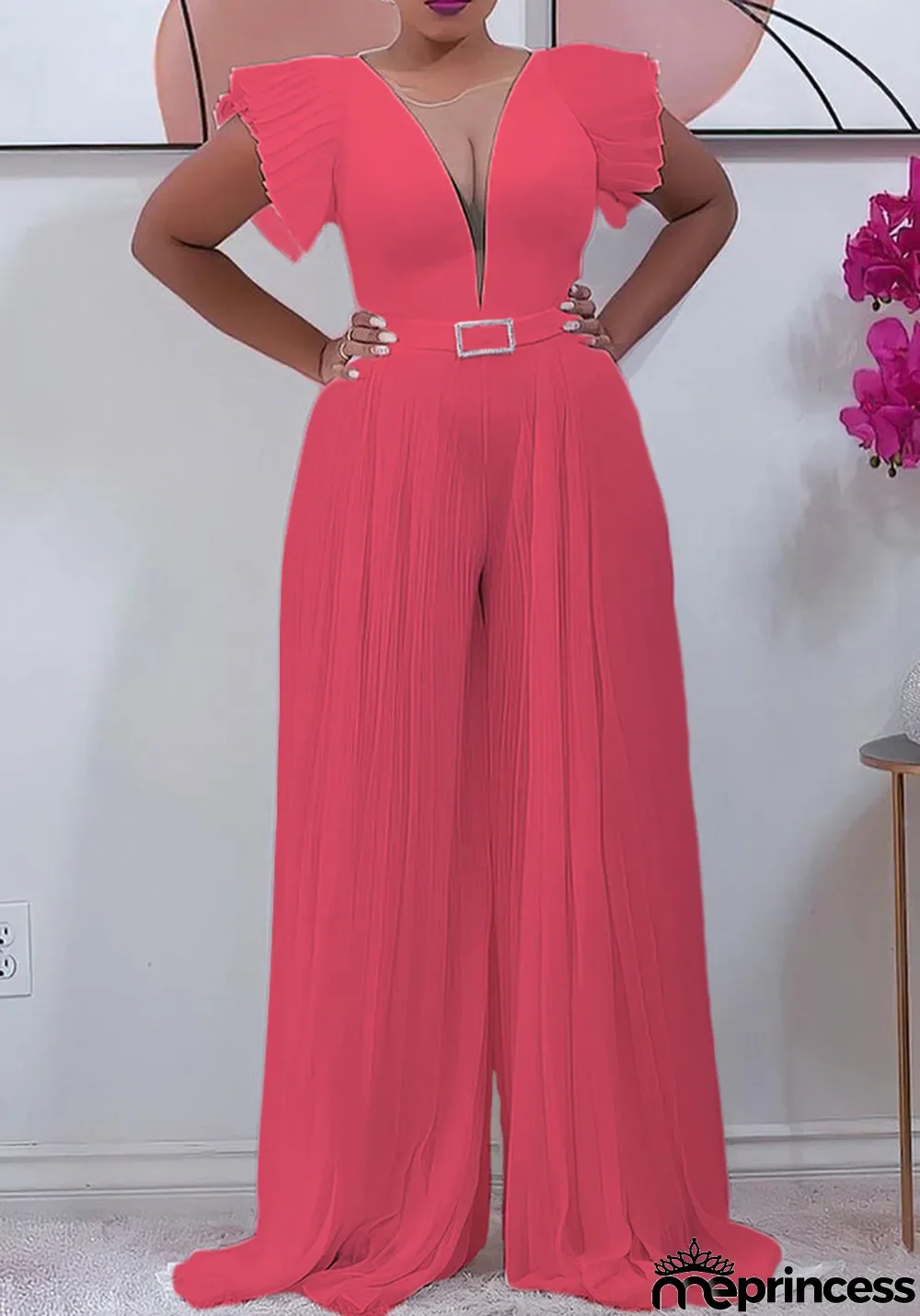 Women Summer Pink Romantic V-neck Short Sleeves Solid Pleated Full Length Loose Jumpsuit