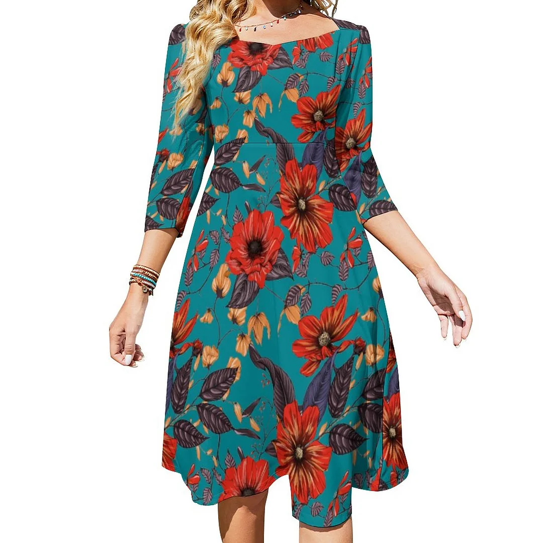 Rustic Red And Teal Floral Pattern Dress Sweetheart Tie Back Flared 3/4 Sleeve Midi Dresses