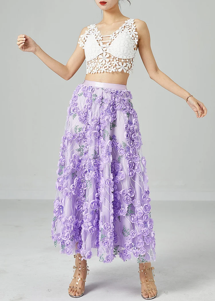 6.25Beautiful Light Purple Embroideried Floral Tulle Skirts Summer