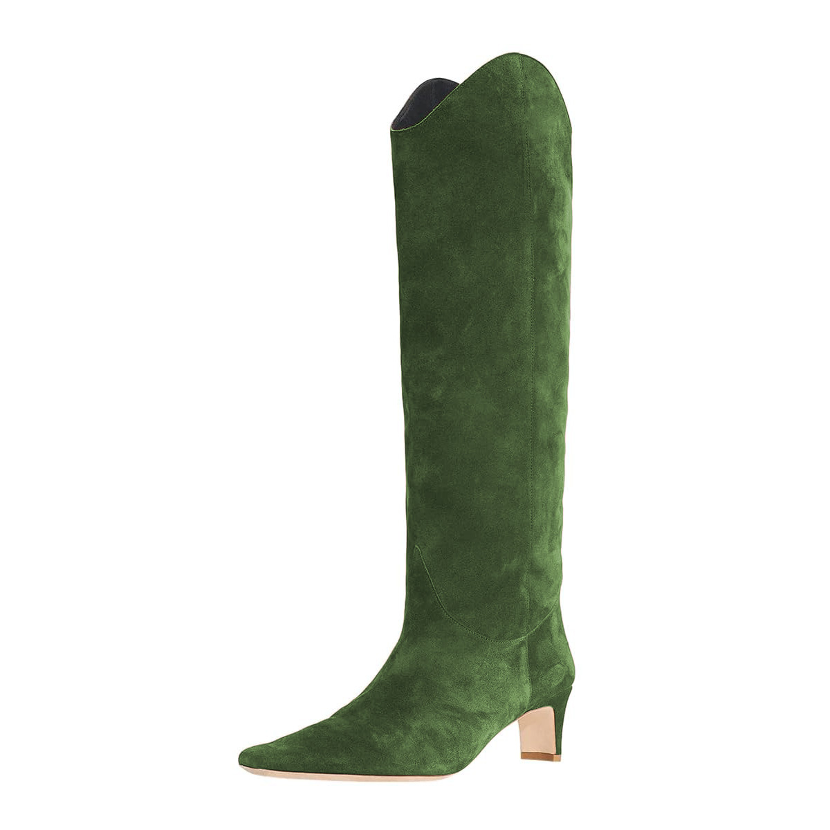 Green Vegan Suede Knee-High Square Toe Block Heel Boots for Women Nicepairs