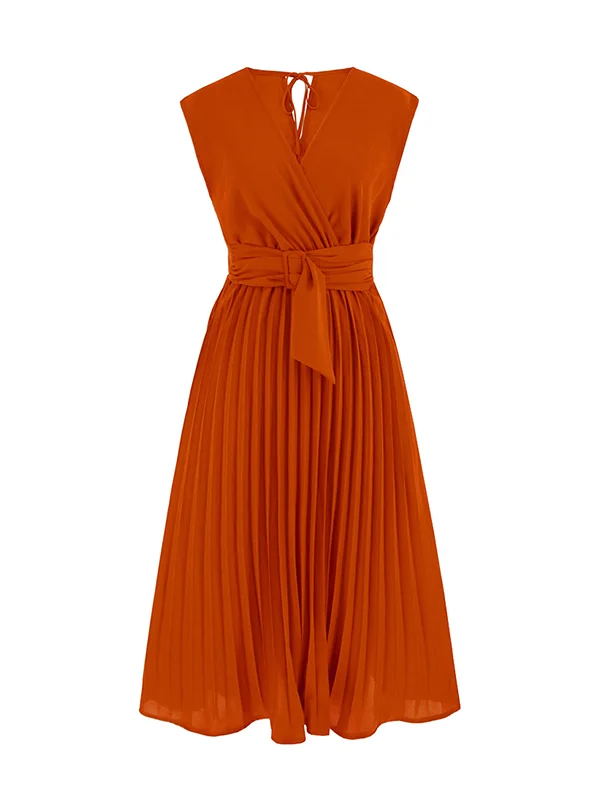 Tied Waist Solid Color Pleated Sleeveless V-Neck Midi Dresses