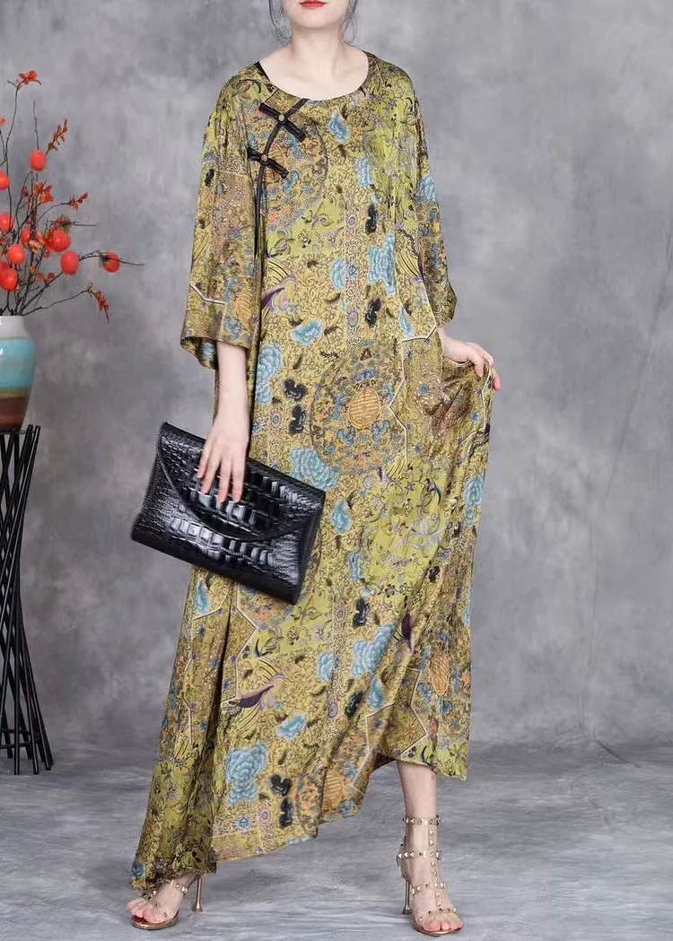 Vintage Yellow O Neck Button Print Silk Long Dresses Bracelet Sleeve