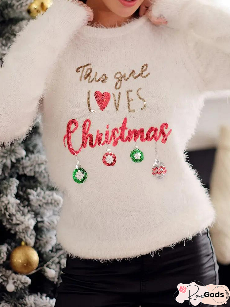 Christmas Letter Heart Pattern Sequins Fluffy Ugly Sweater