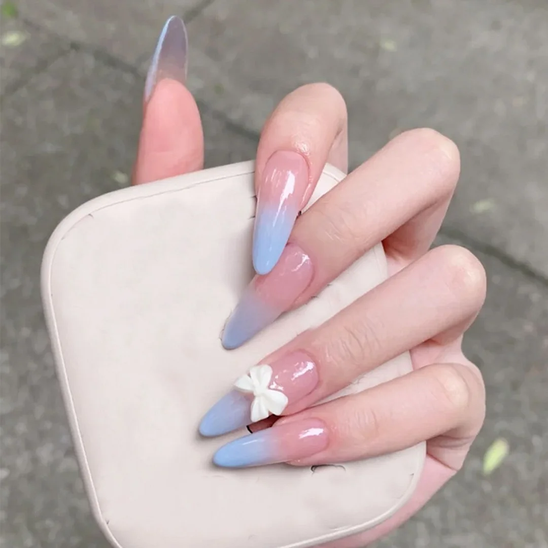 24pcs/Box Detachable Almond False Nails Wearable Purple stiletto fake nails with bow Full Cover Nail Tips fake nail with design-Nail Inspo